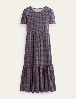 Boden Emma Tiered Jersey Midi Dress French Navy Paisley Heart Size 14 Long